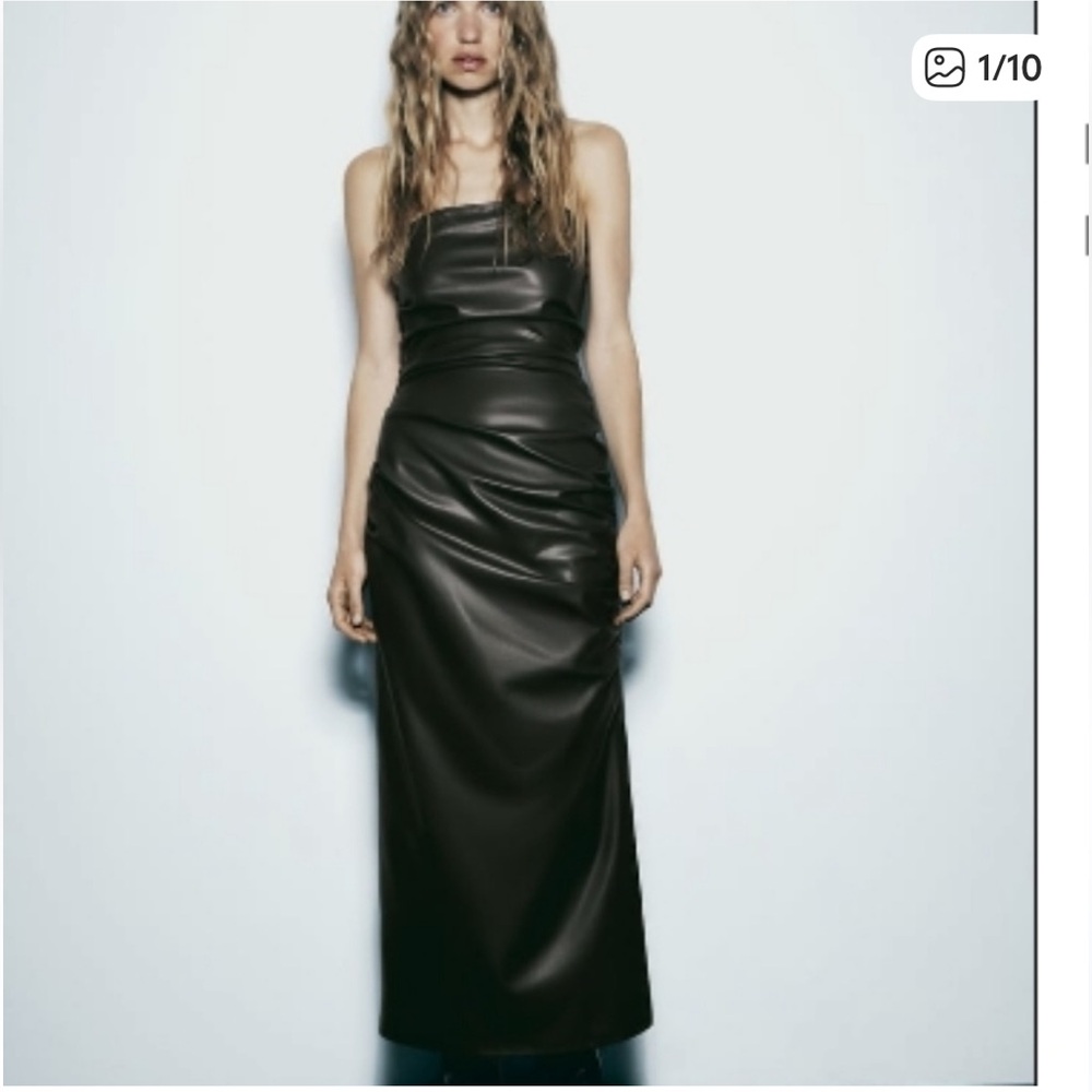 Zara Strapless Faux Leather Khaki Midi Dress